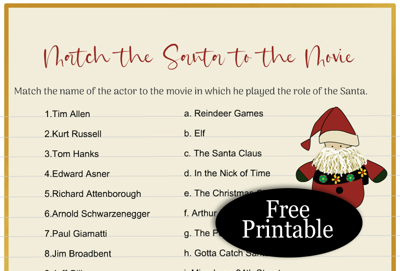 Free Printable Match the Santa to the Movie Christmas Game