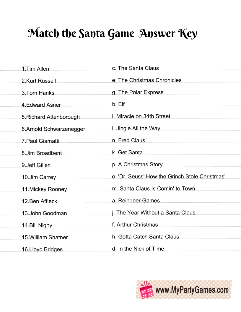 Match the Santa to the Movie Christmas Game Answer Key
