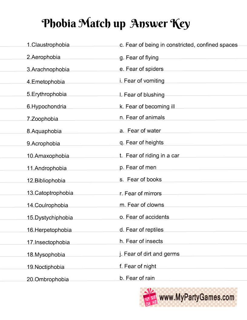 Halloween Phobia Match-up Game Answer Key