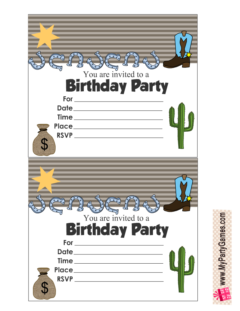 Free Printable Kids' Western Birthday party Invitations
