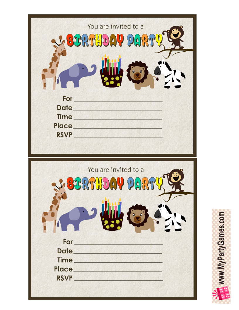Free Printable Jungle Birthday Party Invitations in 4 Colors