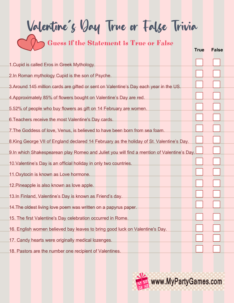 Free Printable Valentine's Day True or False Trivia Quiz