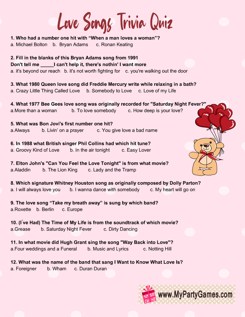 Love Songs Trivia Quiz Free Printable