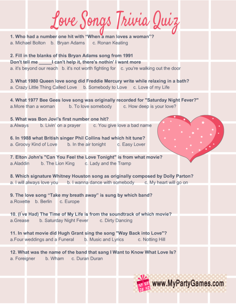 Free printable love songs trivia quiz with answer key