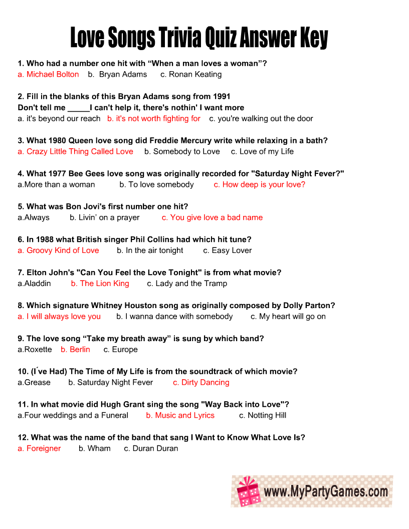 Free Printable Love Songs Trivia Quiz Answer Key
