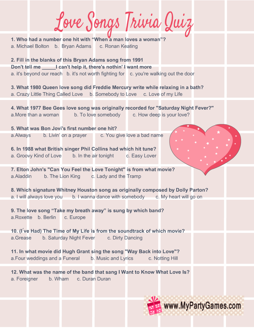 Valentine's Day Love Songs Trivia Quiz