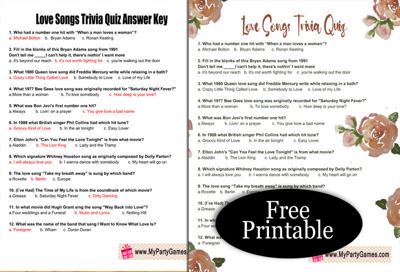 Free Printable Love Songs Trivia Quiz with Answer Key