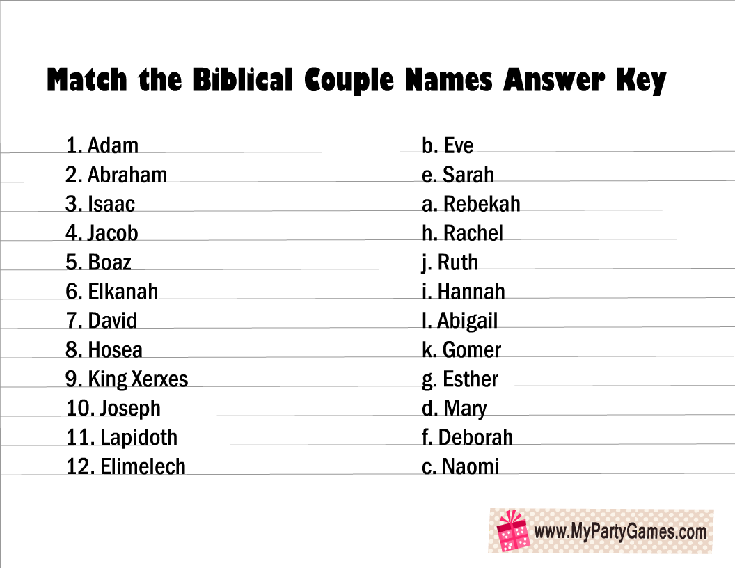 Match the Biblical Couple Game Answer Key