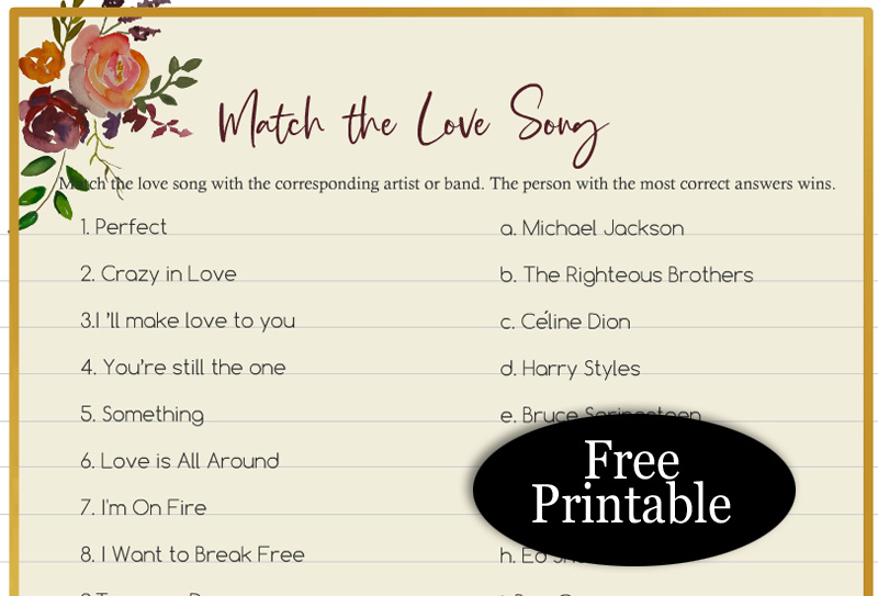 Free Printable Match the Love Song Game