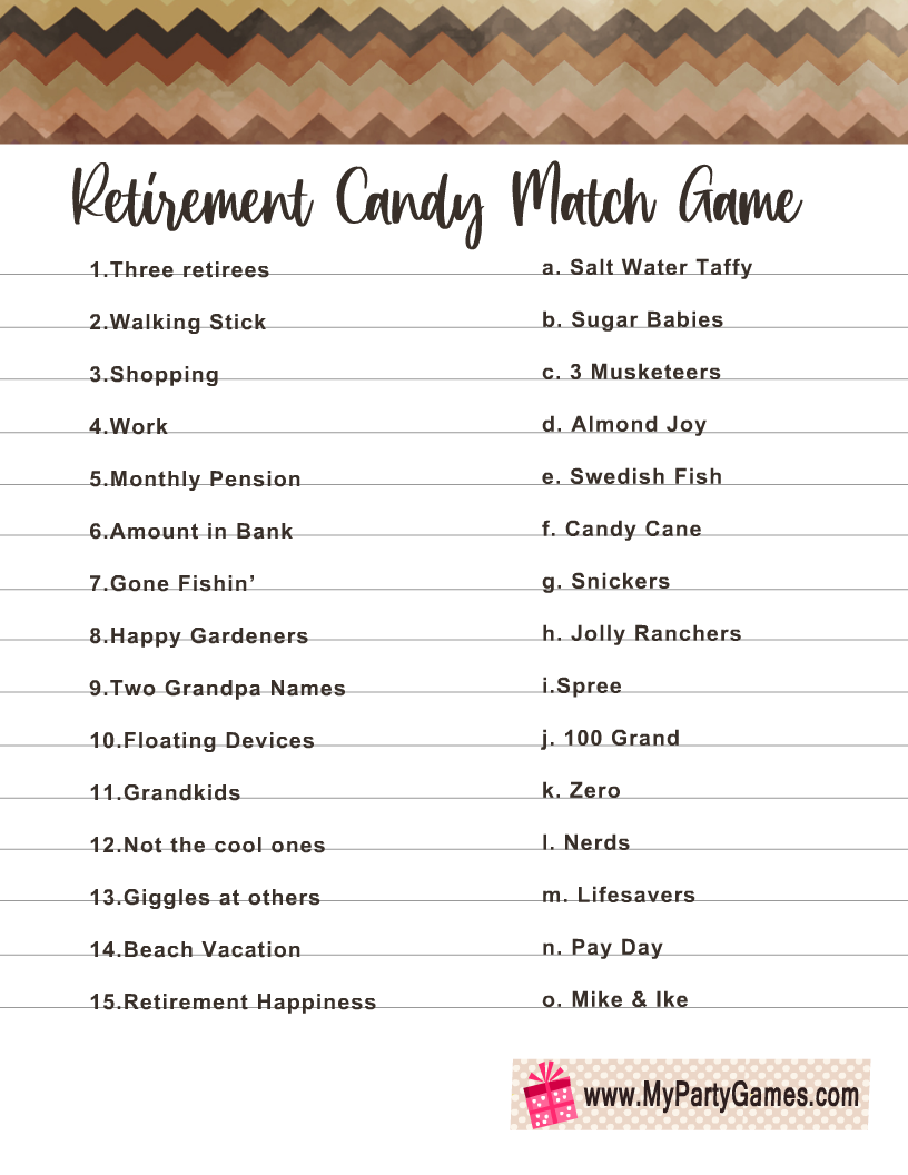 Retirement Candy Match Game Free Printable