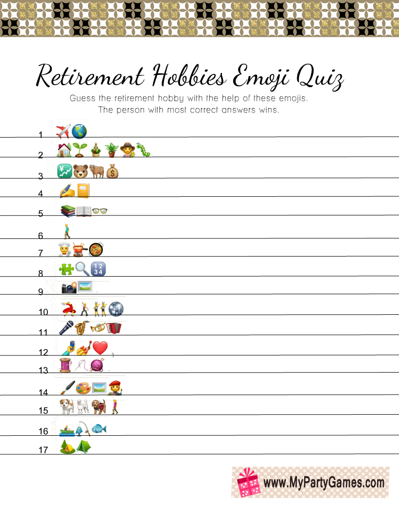 Free Printable Retirement Hobbies Emoji Pictionary Quiz