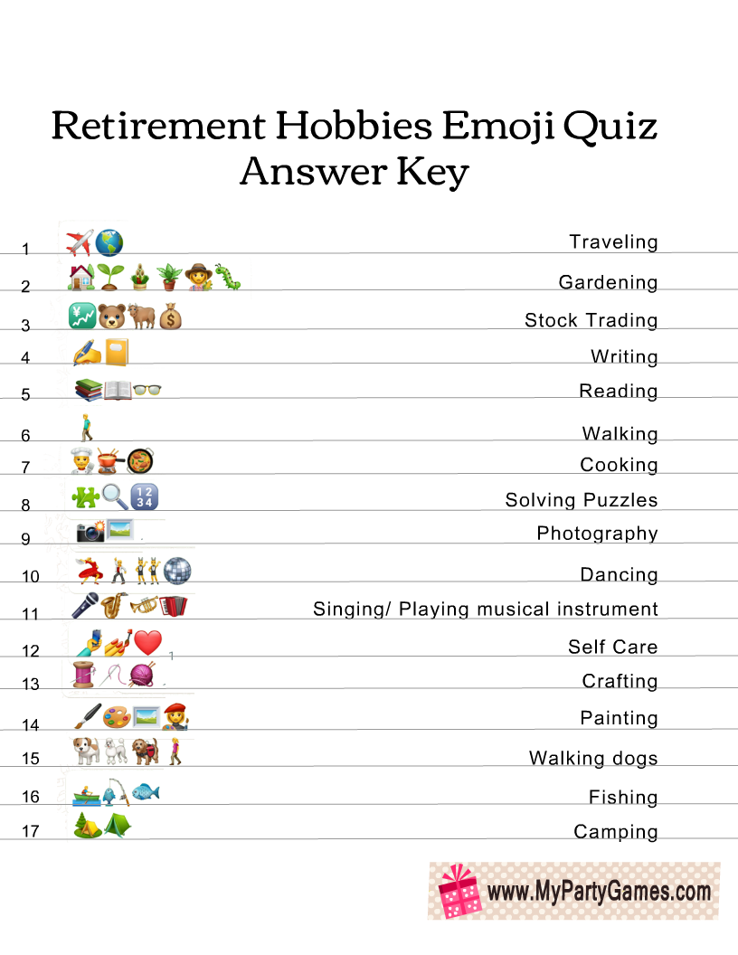Retirement Hobbies Emoji Pictionary Quiz Answer Key