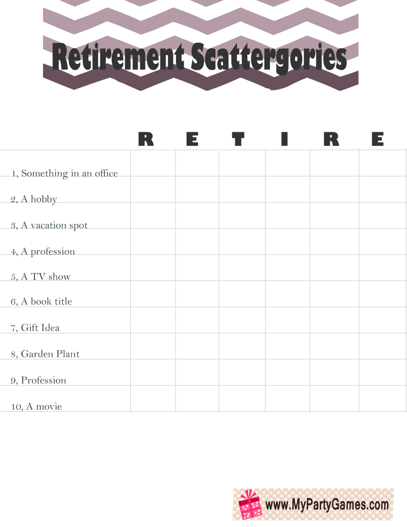 Printable Scattergories-inspired Retirement Game (RETIRE)