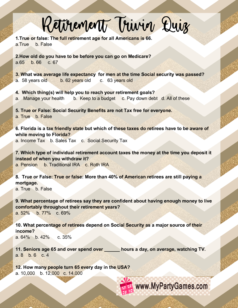 Free Printable Retirement Trivia Quiz