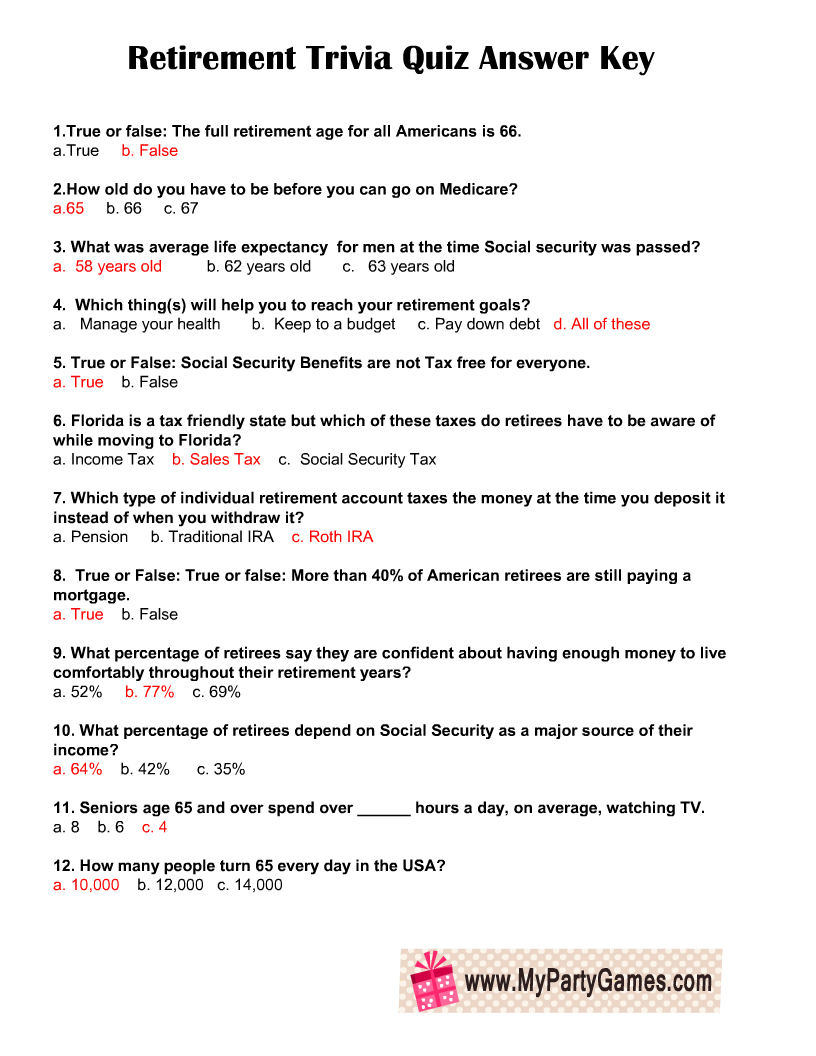 Retirement Trivia Quiz Answer Key
