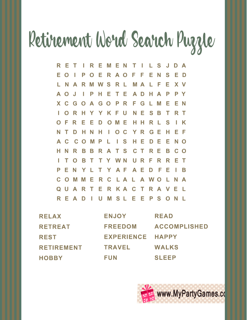 Retirement Word Search Puzzle Free Printable