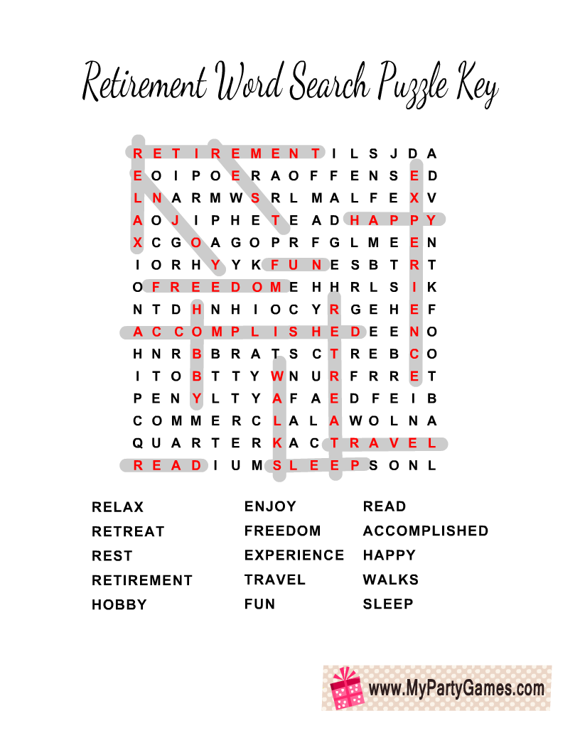 Retirement Word Search Puzzle Answer Key