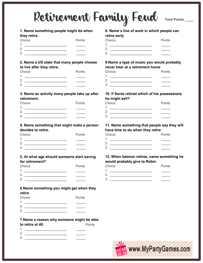 Free Printable Retirement Family Feud Game