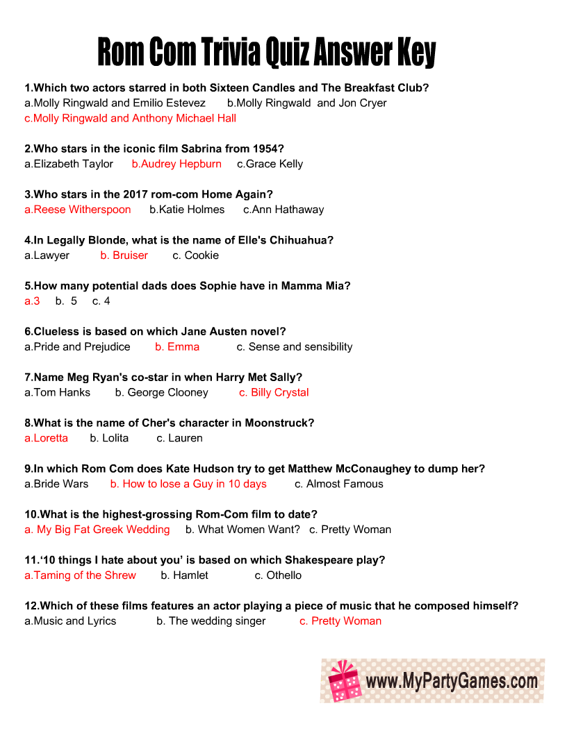 Free Printable Rom Com Trivia Quiz Answer Key