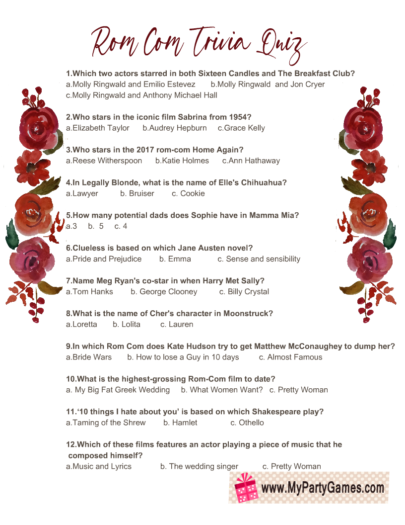 Printable Rom Com Trivia Quiz