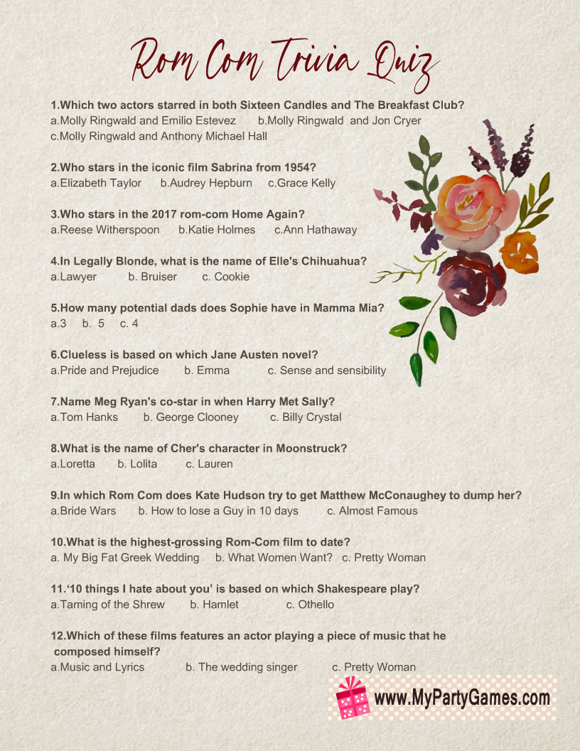 Rom Com Trivia Quiz Free Printable