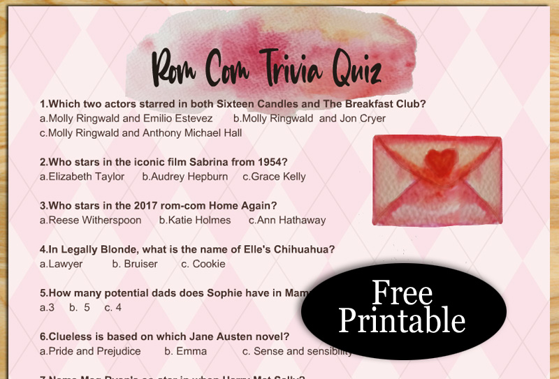 Free Printable Rom Com Trivia Quiz with Answer Key