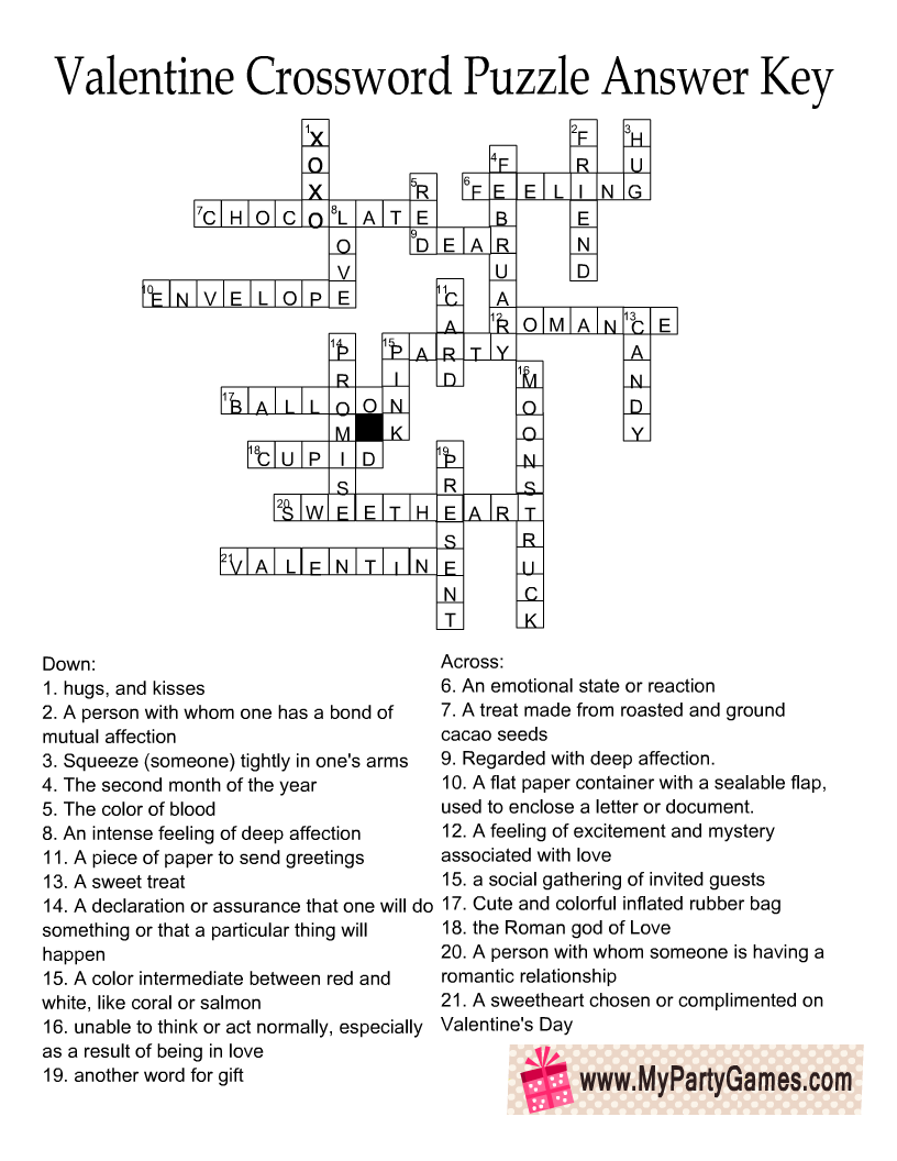 Free Printable Valentine's Day Crossword Puzzle Answer Key