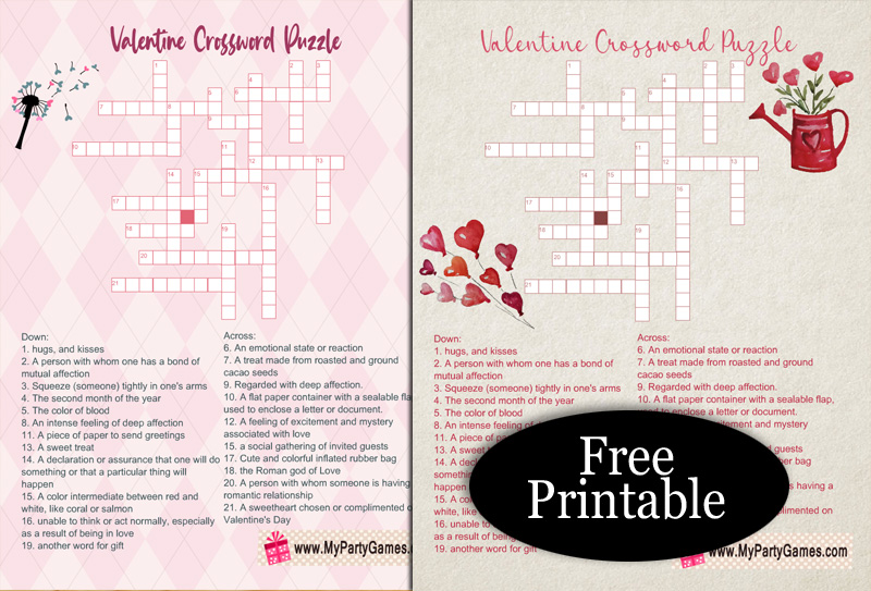 Free Printable Valentine Crossword Puzzle with Answer Key