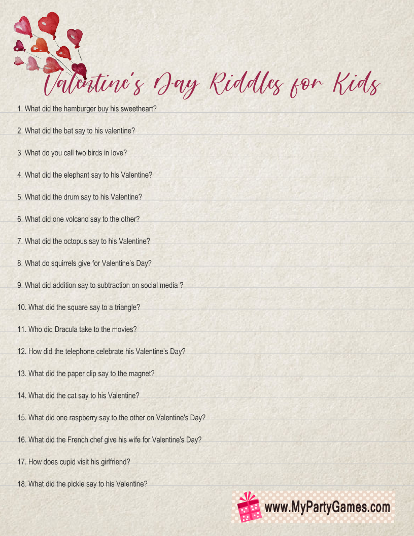 Free Printable Valentine's Day Riddles Game for Kids