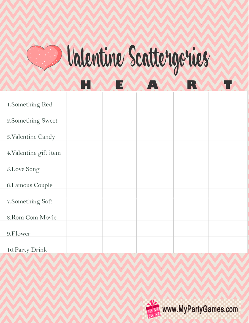 Free Printable Scattergories inspired Valentine's Day Game (Heart)