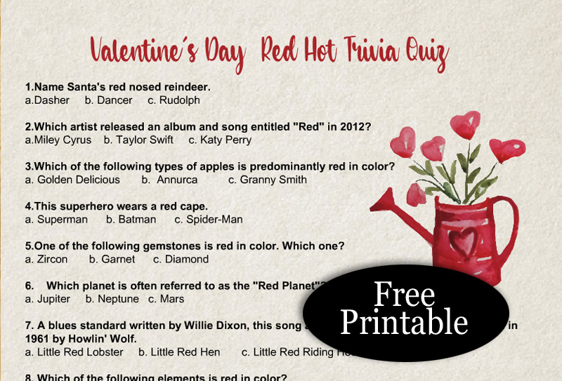 Free Printable Valentine's Day Red Hot Trivia Quiz