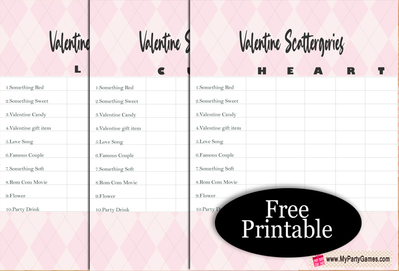 Free Printable Scattergories inspired Valentine's Day Game