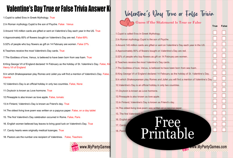 Free Printable Valentine's Day True or False Trivia Quiz