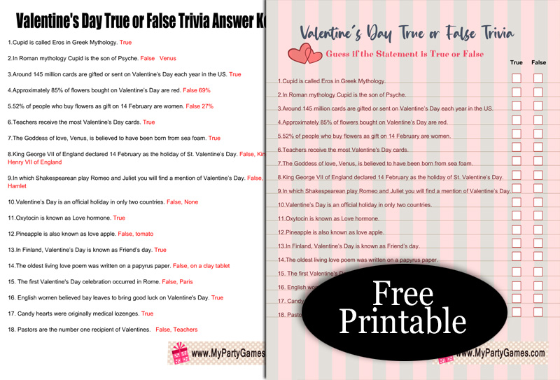 Free Printable Valentine s Day True Or False Trivia Quiz