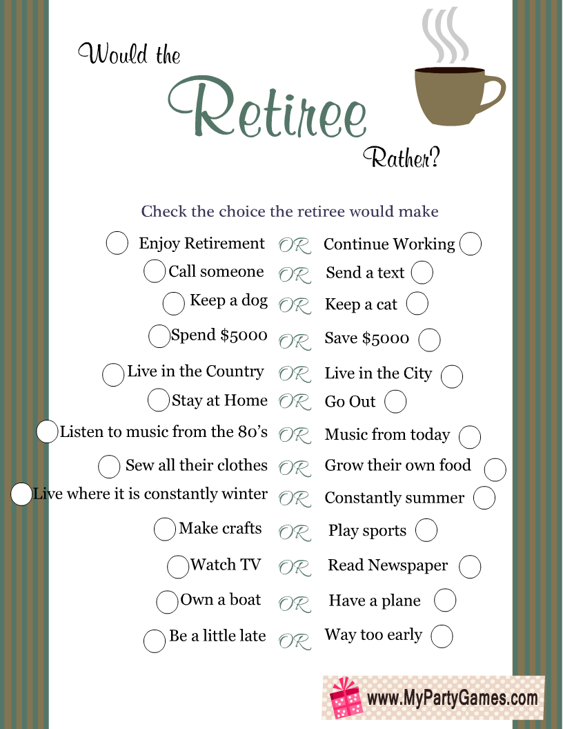 Free Printable Would the Retiree Rather? Game