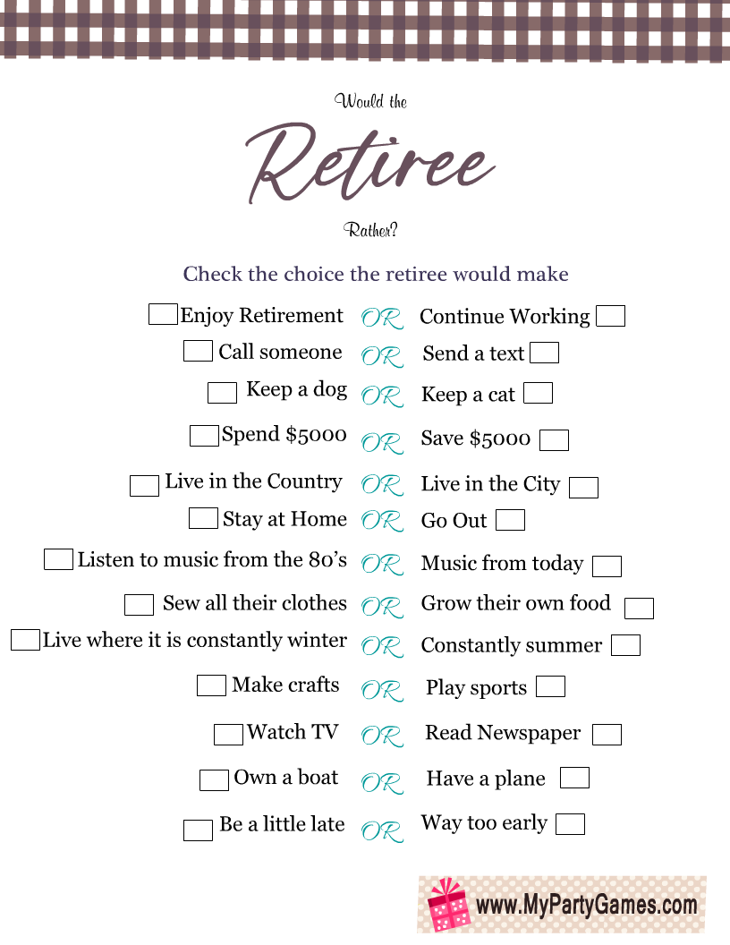Would the Retiree Rather? Free Printable Game