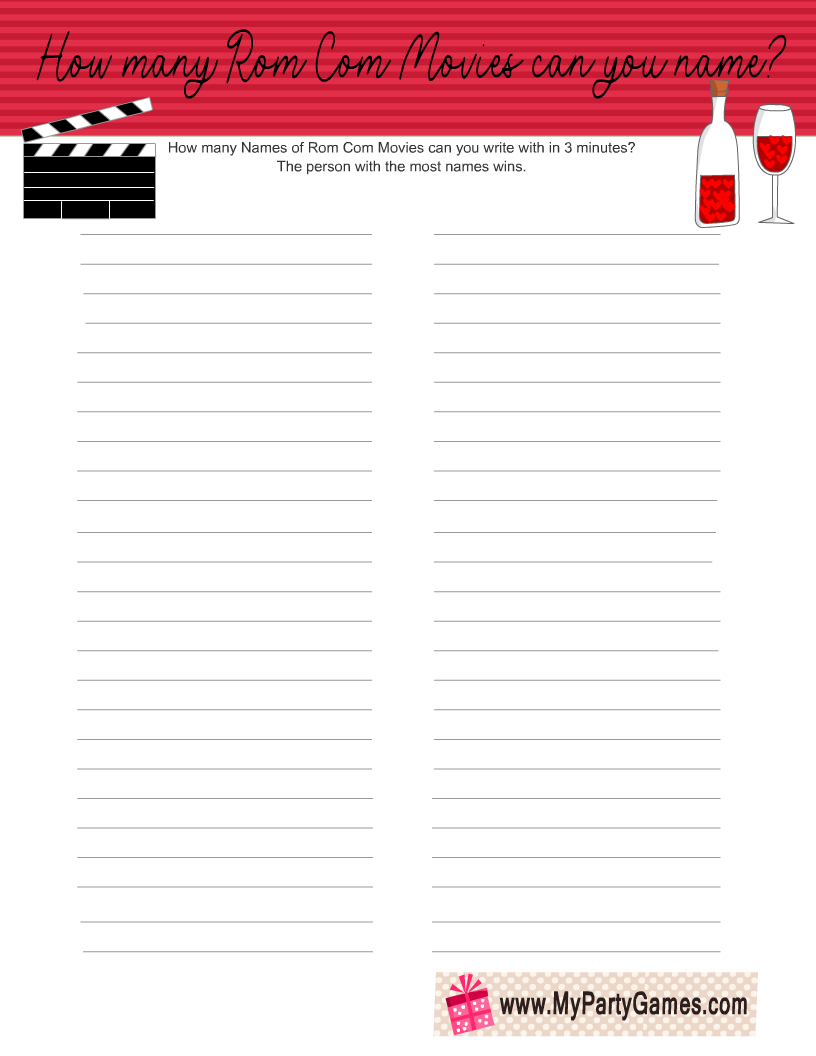 How many Rom Com Movies Can you Name? Free Printable Game
