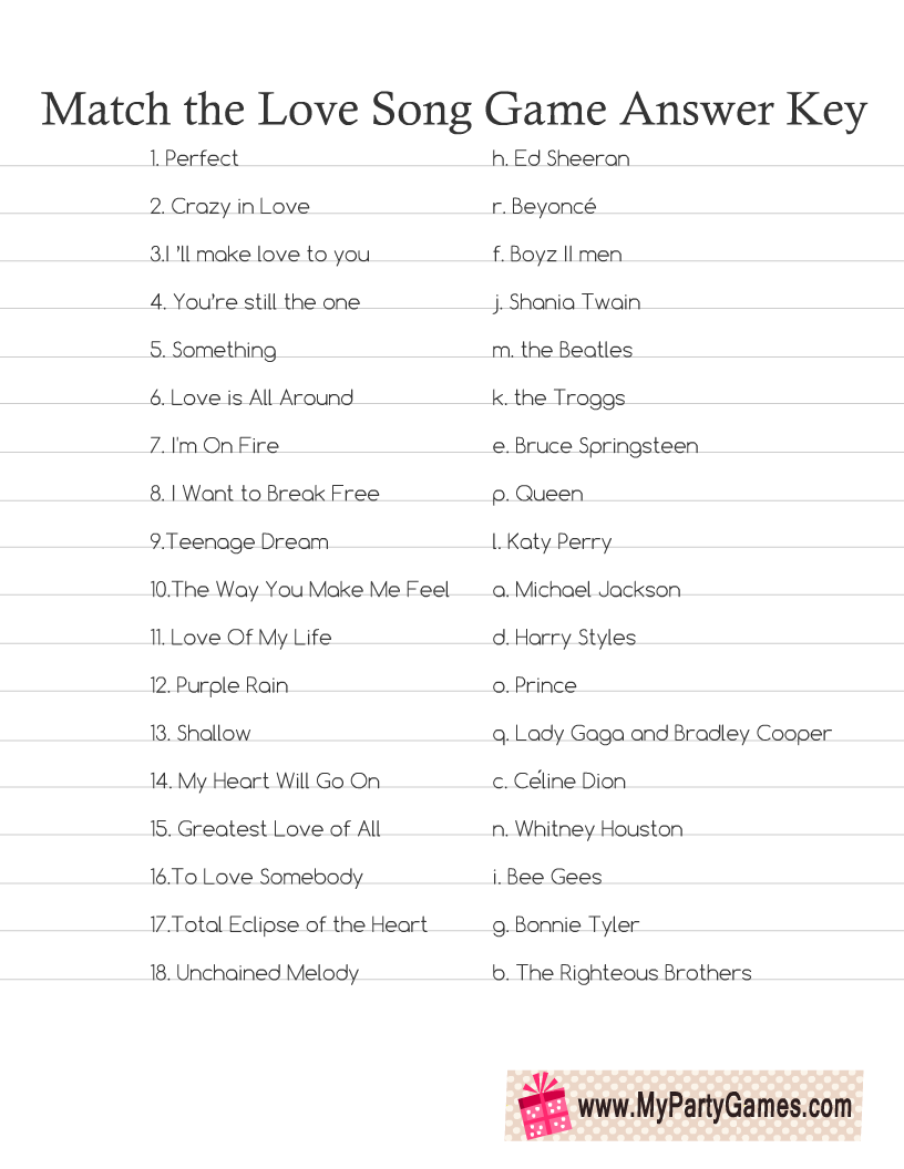 Match the Love Song Game Answer Key