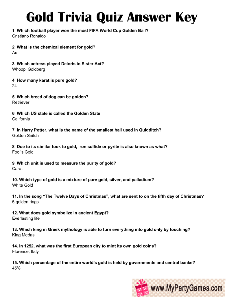 Gold 1973 Trivia Questions with Answers Printable | Instant Download