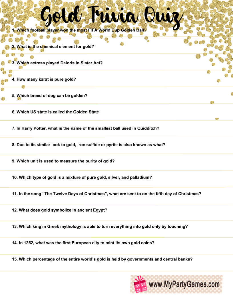 Free Printable Gold Trivia Quiz