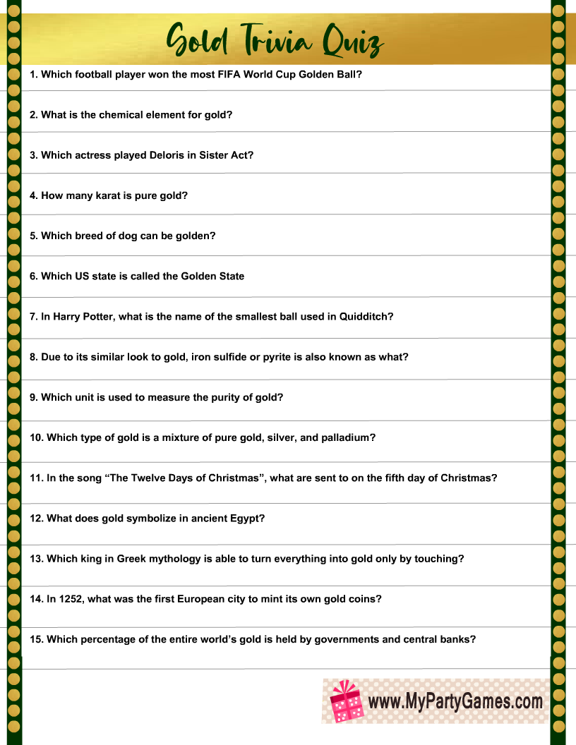 Free Printable Gold Trivia Quiz With