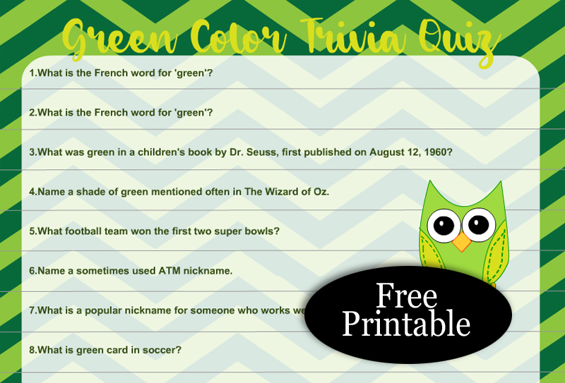 Free Printable Green Color Trivia Quiz with Answer Key