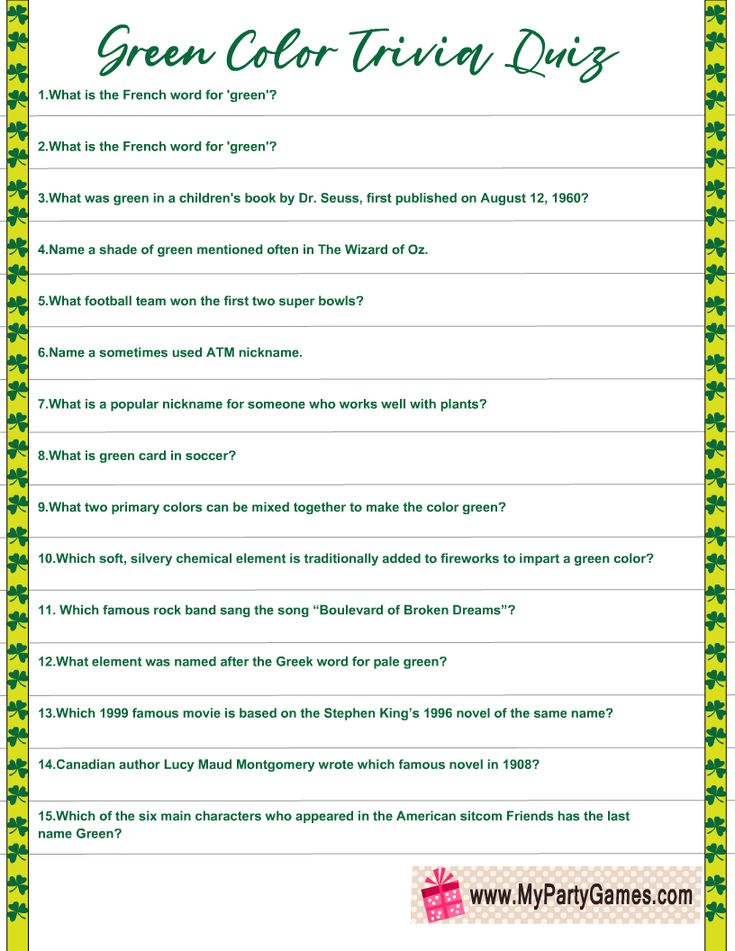 Free Printable Green Color Trivia Quiz for Saint Patrick's Day