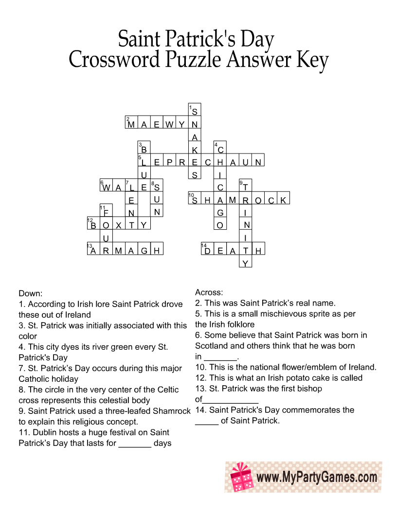 Free Printable Saint Patrick s Day Crossword Puzzle