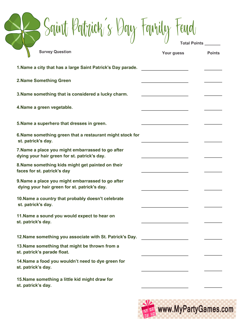 Saint Patrick's Day Family Feud Game Printable