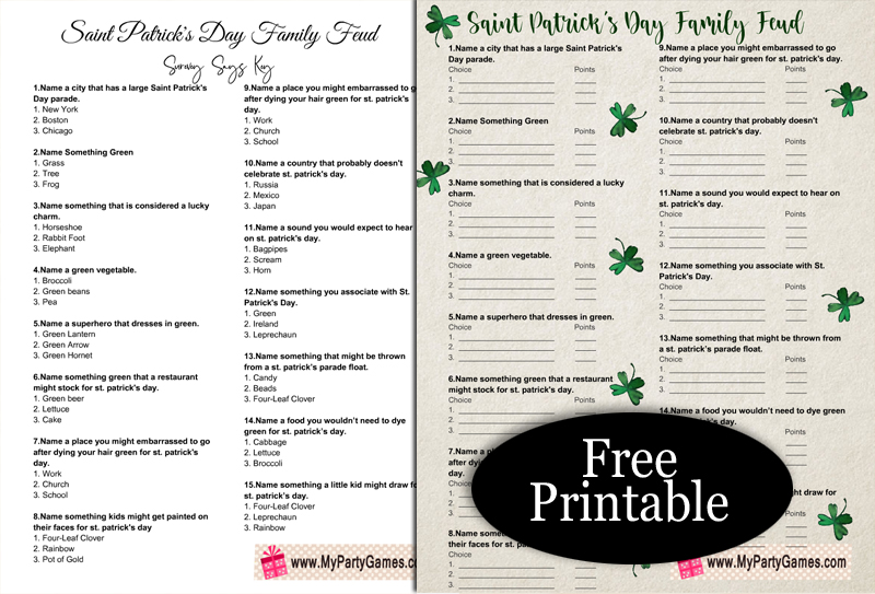 Free Printable Saint Patrick's Day Family Feud Game