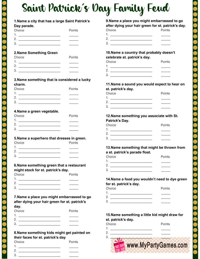 Free Printable Saint Patrick's Day Family Feud Game 1