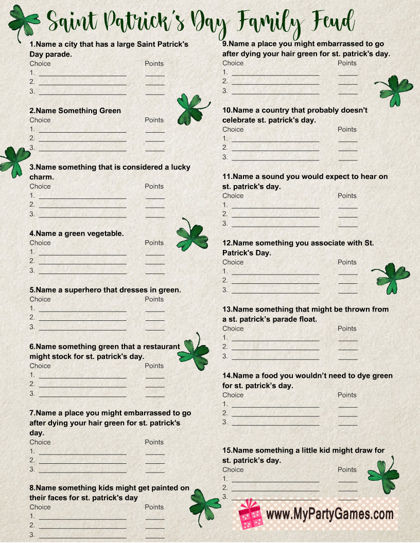 Free Printable Saint Patrick's Day Family Feud Game