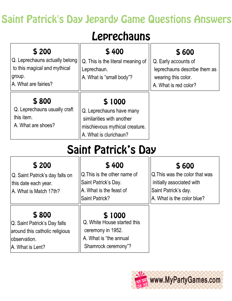 Free Printable Saint Patrick's Day Jeopardy Questions and Answers 1