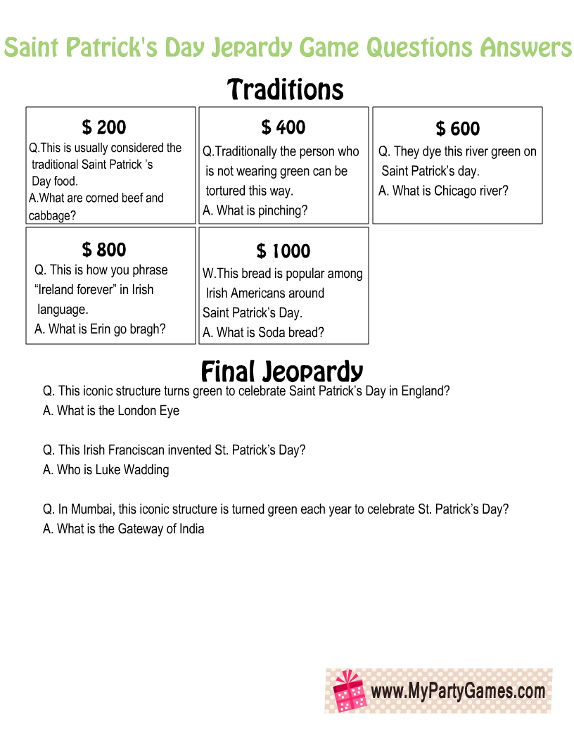 Free Printable Saint Patrick's Day Jeopardy Questions and Answers 2